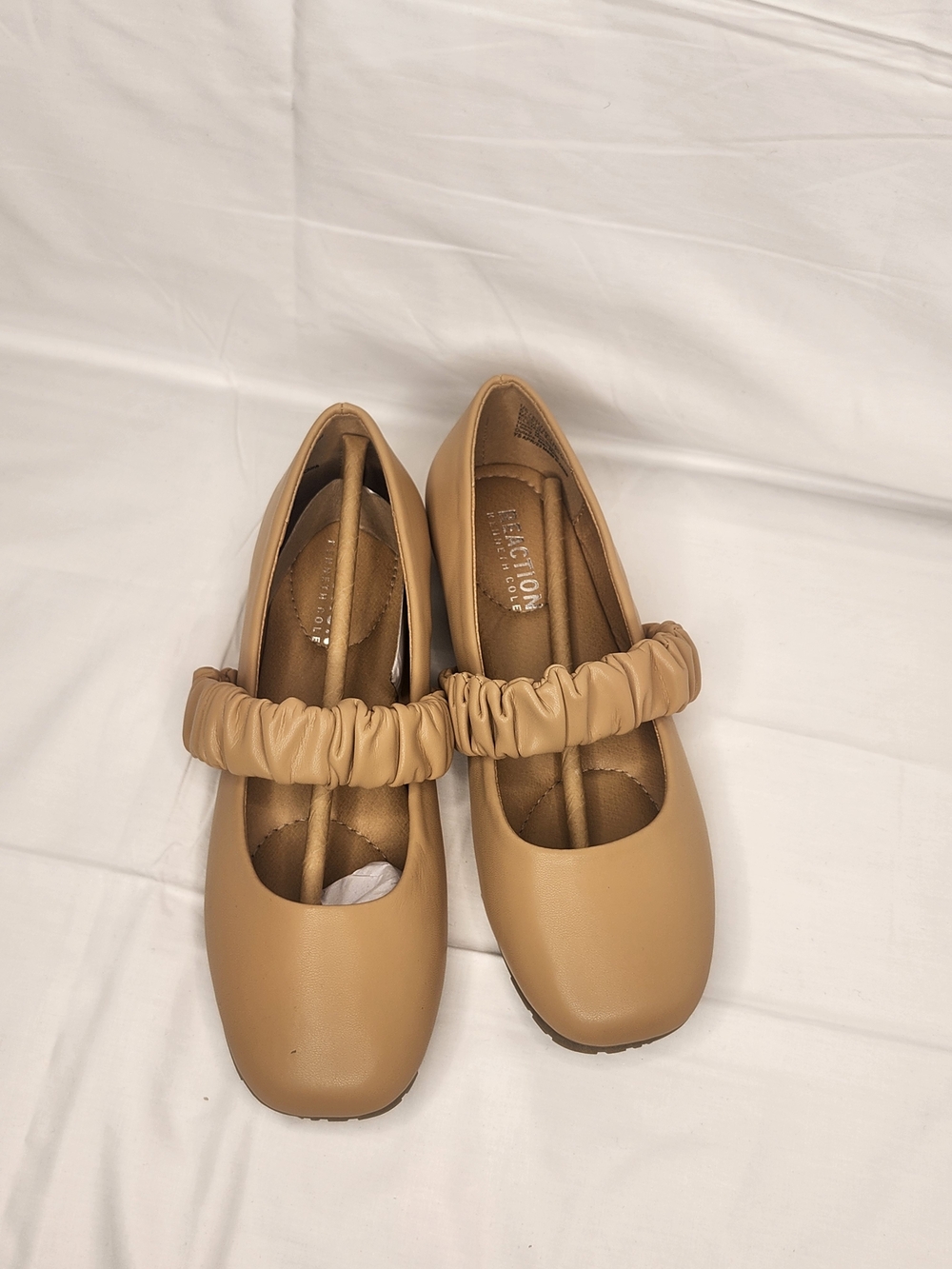 Women's Tan Mary Jane Flats with Ruched Elastic Strap